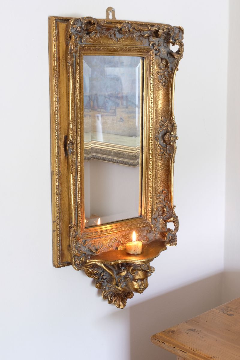 Late Victorian Gilt Wall Mirror with Cherub Candle Shelf and Bevelled Mirror Plate