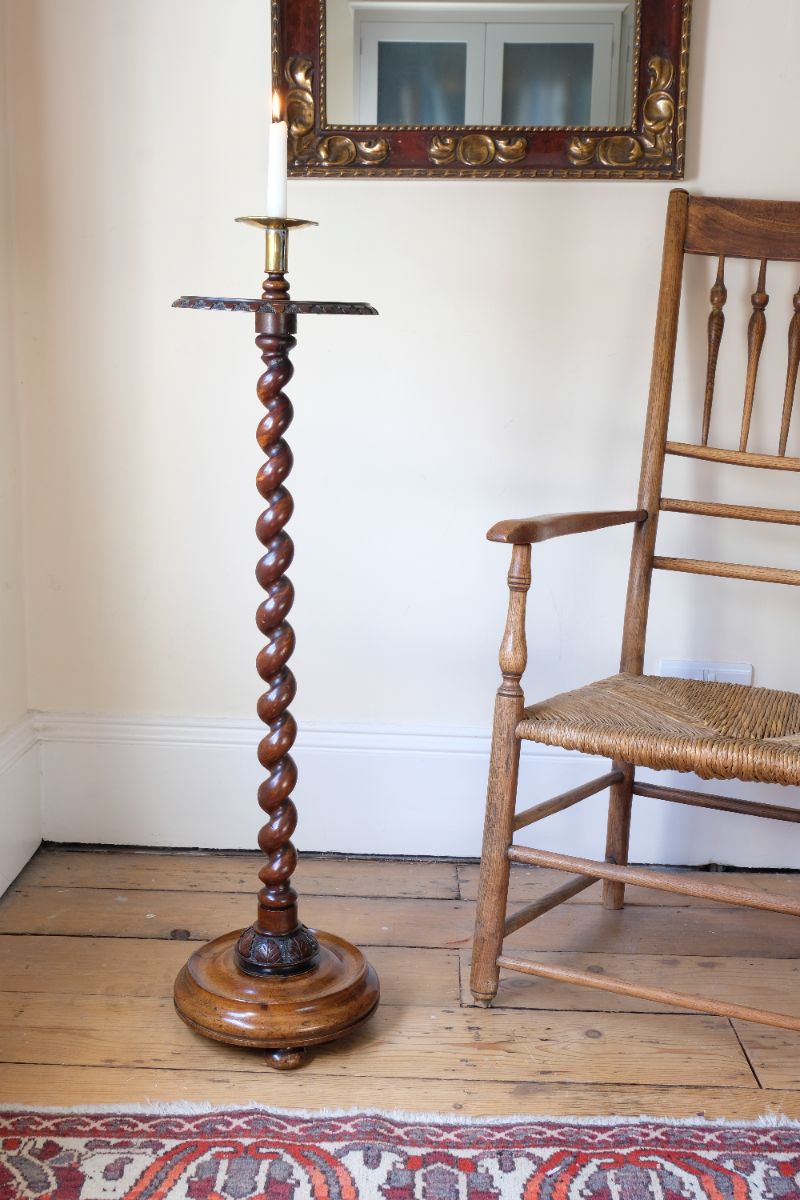 Rare Victorian Walnut Barley Twist Candle & Wine Stand with Brass Sconce, Circa 1870