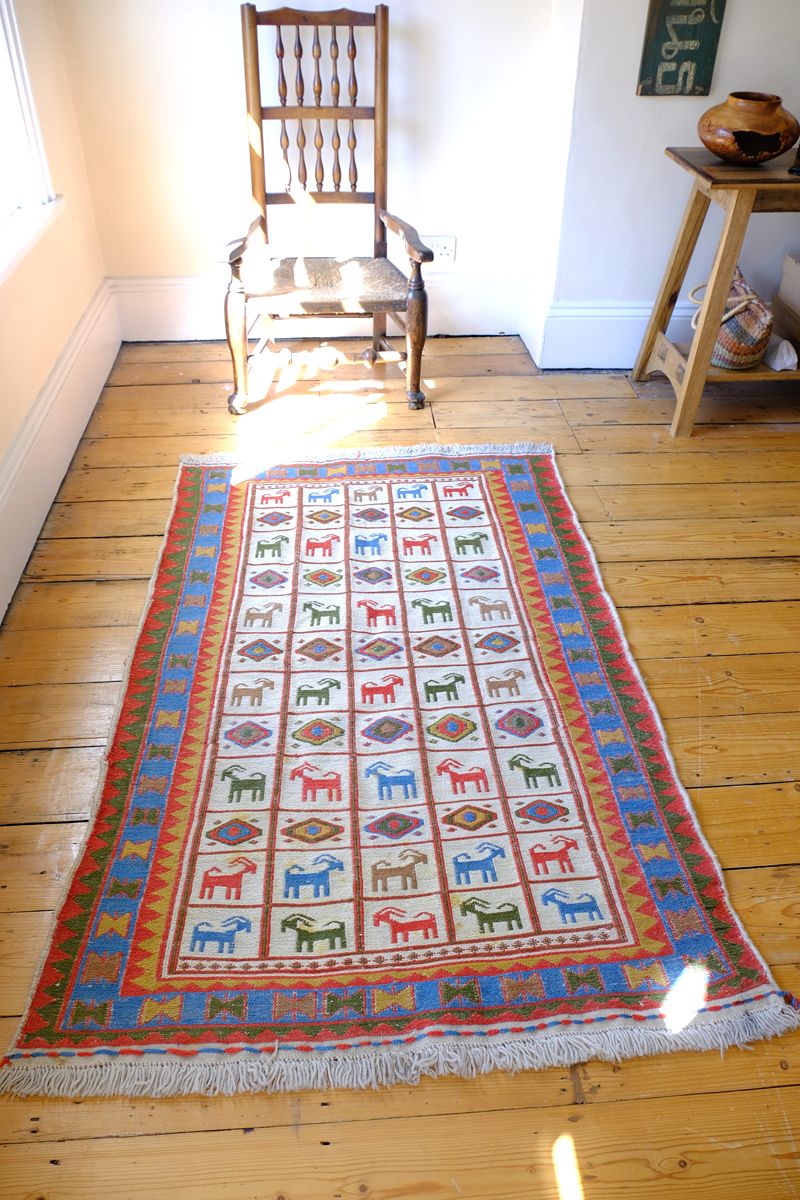 Vintage Persian Sumak Flatweave Rug with Stylised Goat and Geometric Motifs, c.1960–1980