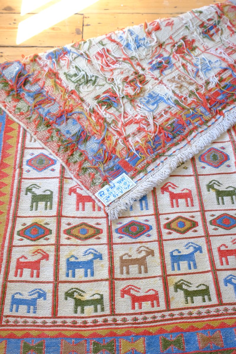 Vintage Persian Sumak Flatweave Rug with Stylised Goat and Geometric Motifs, c.1960–1980