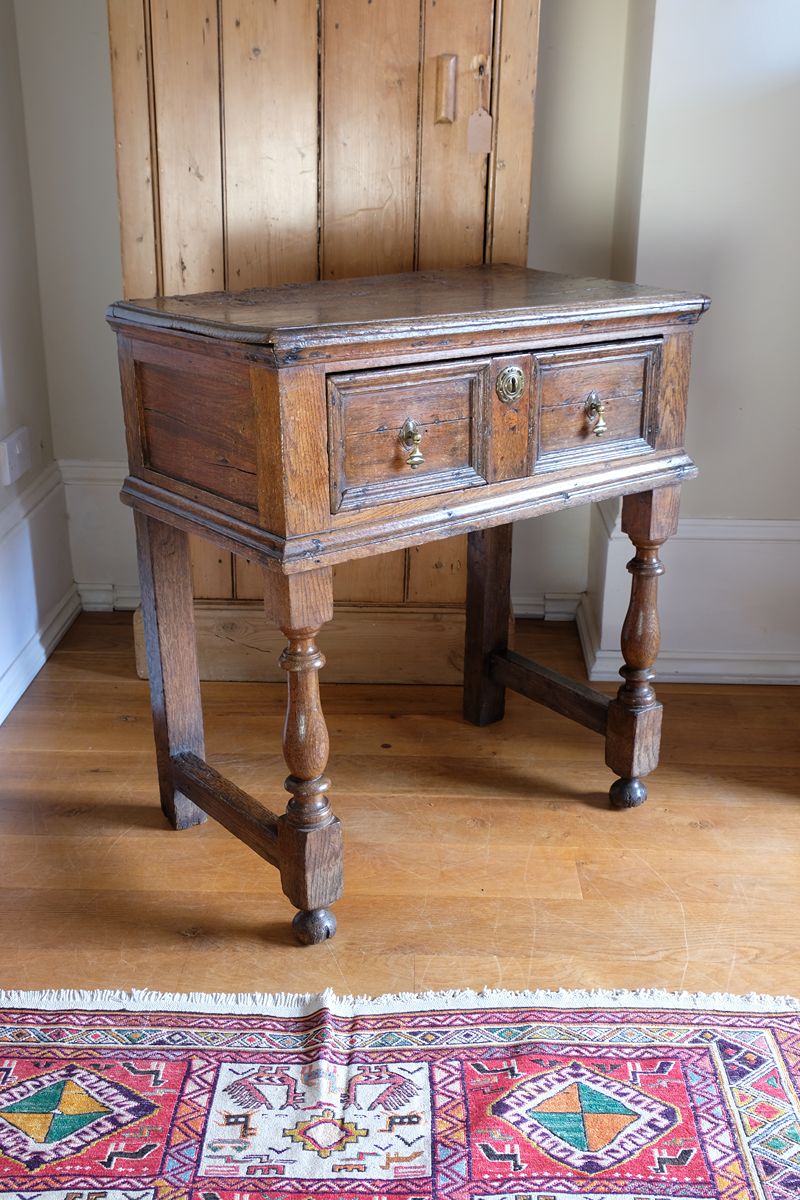 18th Century Country Oak Side Table with Single Drawer & Turned Legs