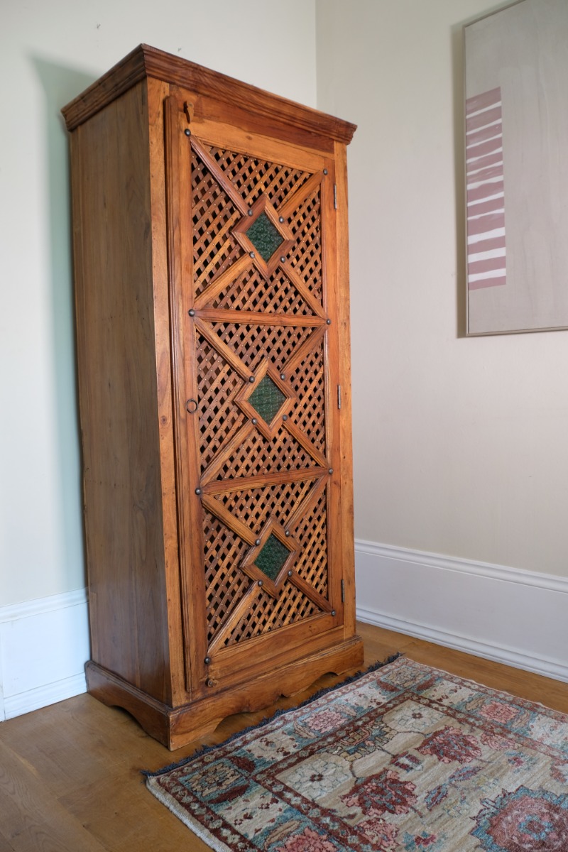 Indian Linen Cupboard with Lattice Door & Green Patterned Glass